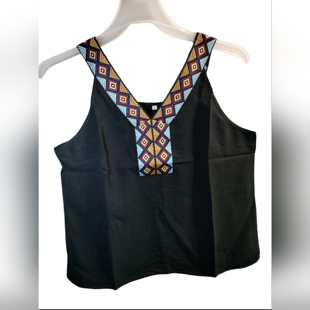 Black Sleeveless Top with Geometric Pattern